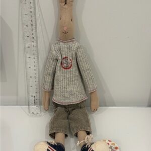 Maileg Bunny in Beige and Gray Knit Outfit, 19 inches total, 12 inches sitting